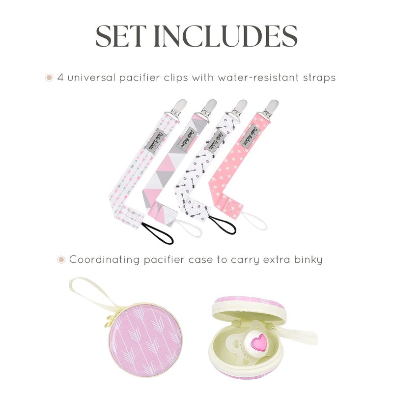 Dodo Babies Pacifier Clip with Case Set - 5-Piece Set, Pink & Gray Prints - Universal Binkie Clip & Holder Fits Most Pacifiers & Teethers - Secure Fastener for Bibs & Baby Car Seat - Image 3